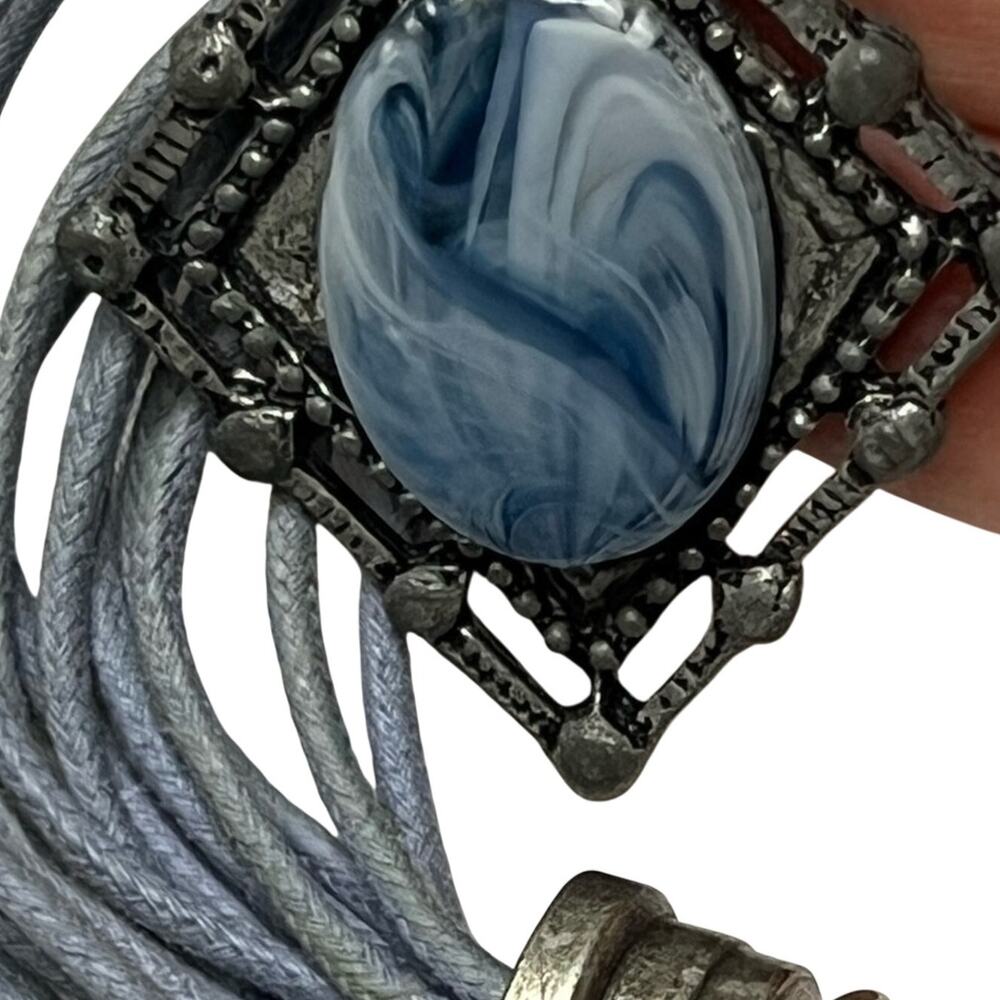 Blue & White Swirl Pendant Necklace 15” Multi-Strand Gray Cord Silver Trim